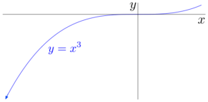 In the limit to negative infinity, as x grows and grows in the negative direction forever, y = x^3 grows and grows in the negative direction forever too